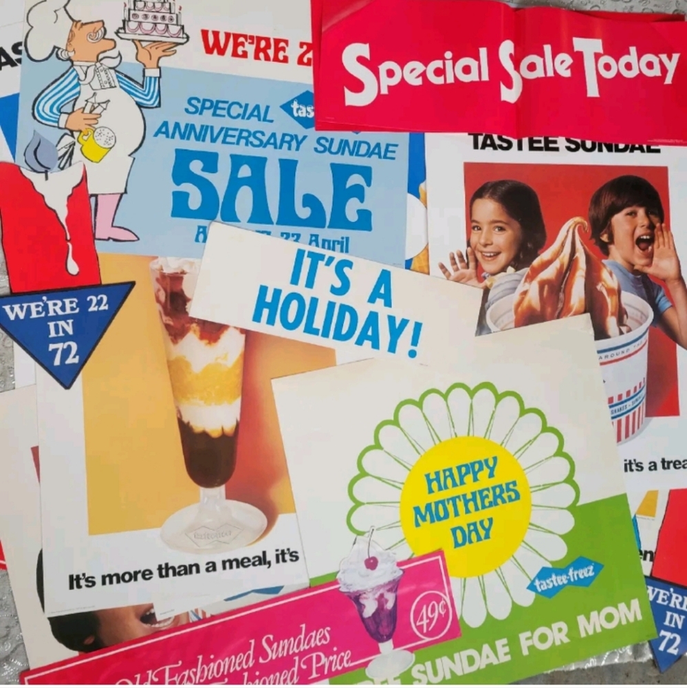 HUGE Lot RARE Vintage 70s Retro Tastee Freez Advertising Poster Banner Signs Ads